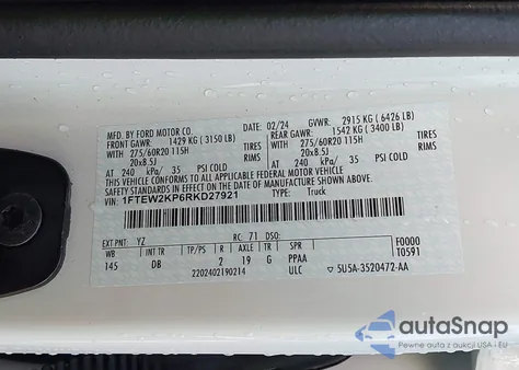 2024 Ford F-150 Stx из США, поврежденный, VIN 1FTEW2KP6RKD27921